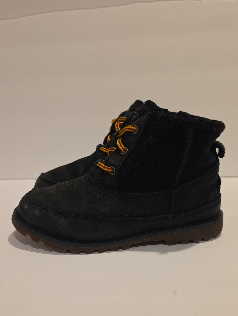 Ugg Winter Boots Kids Black Lace-Up Hiking Boots with Yellow Accent Laces